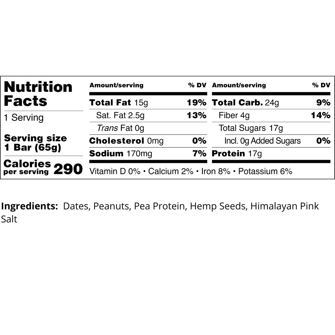 A salted peanut TIROBAR, a vegan and all natural protein bar, displaying the nutrition facts of 5 healthy all natural ingredients.
