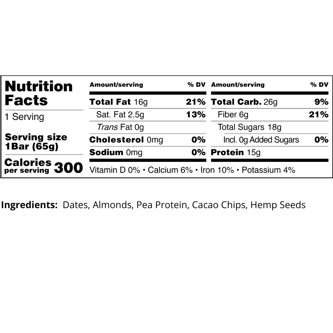 View of the dark chocolate chip TIROBAR nutrition facts. A vegan all natural protein bar with only 5 healthy ingredients.  